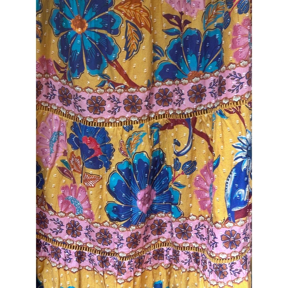 Farm Rio Yellow Floral Tiered Maxi Skirt Clip Dot Boho Crochet Trim Womens M - Picture 3 of 10